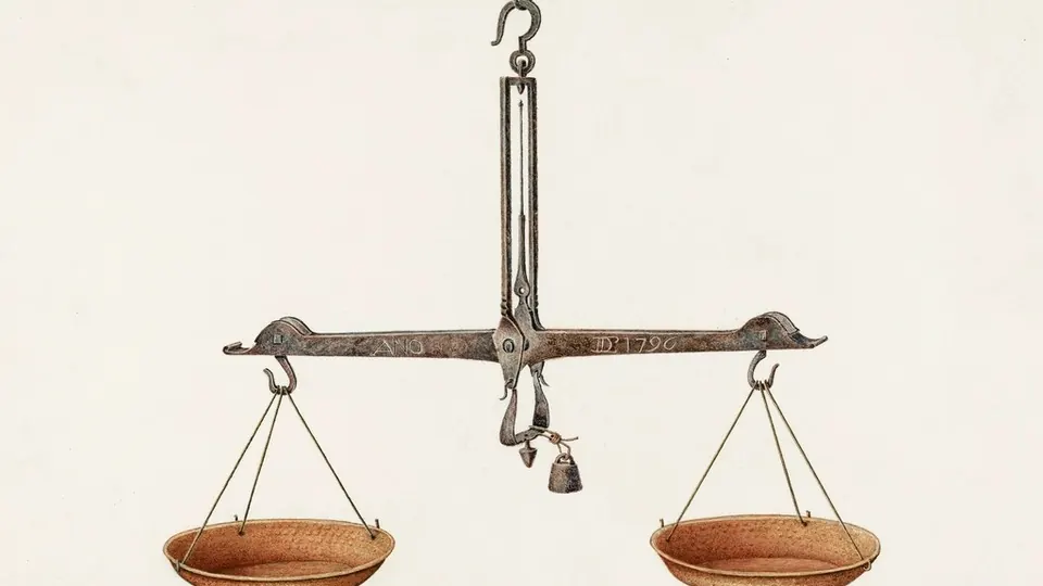 Painting of old balance scales with two pans
