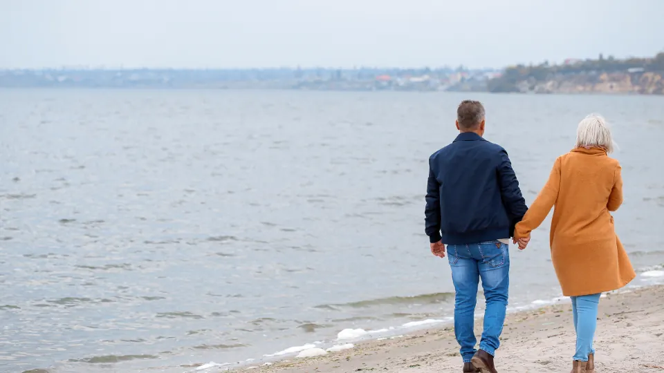 Older couple walking hand in hand along the shore, seen from behind