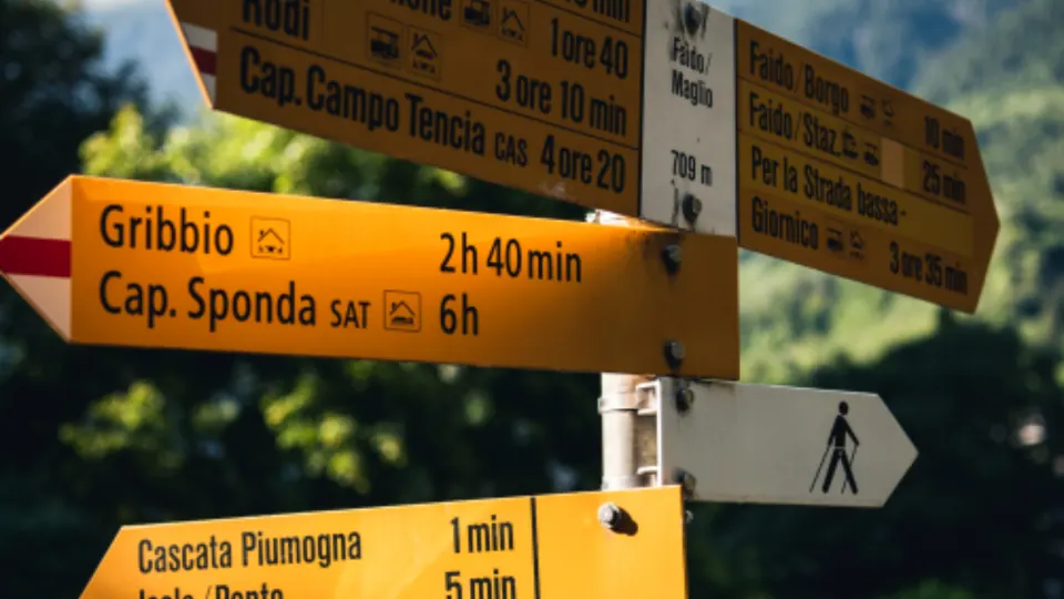 Yellow walking signposts pointing in different directions